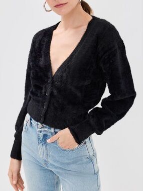 Good American black fuzzy cardigan